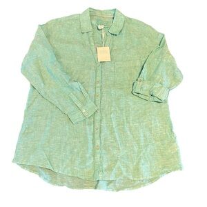 Sigrid Olsen Women's 100% Linen Long Sleeves Teal Blue Green Button Up NEW
